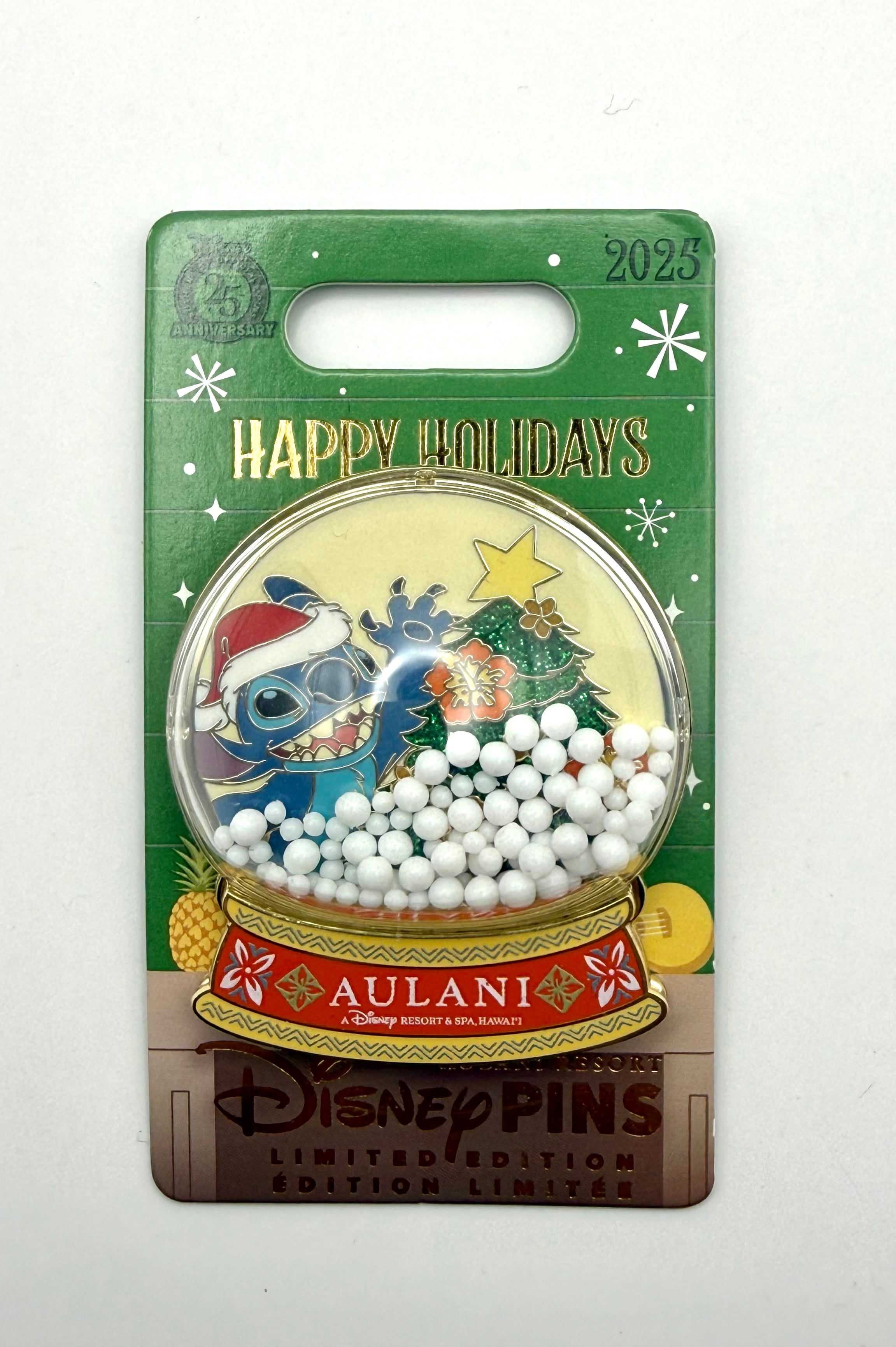 Disney Aulani 2025 Happy Holidays Stitch Snow Globe LE Glitter Single Pin